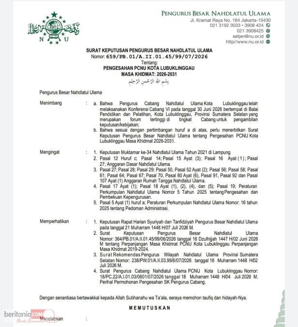 PBNU Resmi Sahkan Kepengurusan PCNU Kota Lubuklinggau Masa Khidmat 2026–2031